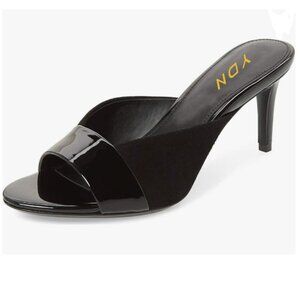 YDN Black Trendy Peep Toe Stiletto Heel Pumps Slip on Mules Slide Slipper